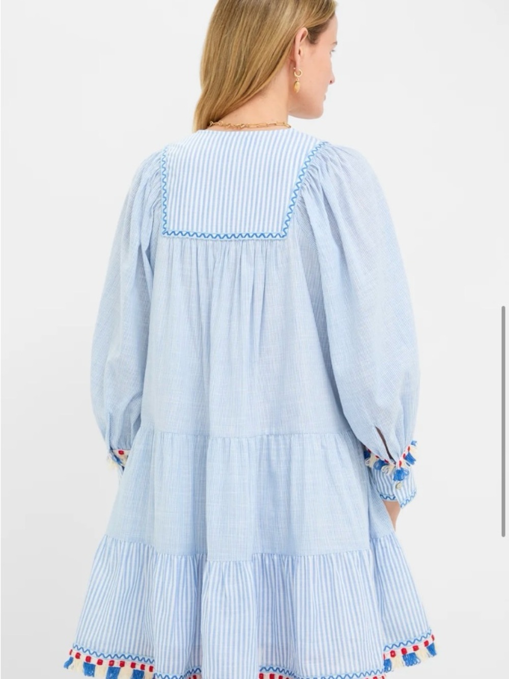 Tuckernuck Jen Dress XL NWT Chambray Blue Stripe Fringe Tassel Cotton Tiered - Picture 5 of 16